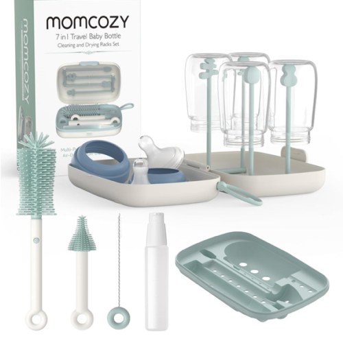 Momcozy Bottle Brush Set - Baby Bottle Cleaner Kit with Silicone Brush, Nipple Brush, Straw Brush, Soap Dispenser, Drying Rack - 7 in 1 Bottle Cleaning Tool for Home and Travel