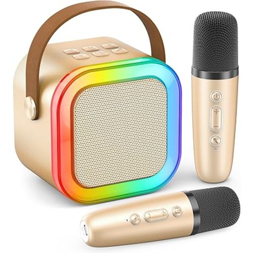 Karaoke Machine for Kids Adults, Portable Bluetooth Mini Karaoke Microphone Singing Speaker with 2 Wireless Mic and Light,Toys for All Smartphones,Birthday, Family,Home Party (Gold)