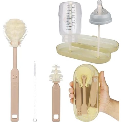 Portable Baby Bottle Brush Set – 5-in-1 Silicone Baby Bottle Cleaner Kit with Nipple Brush, Straw Brush, Drying Rack & Travel Case – BPA-Free, Bottle Washing Set for On-The-Go (Pink)