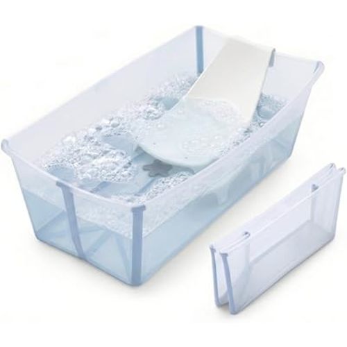 Stokke Flexi Bath Bundle, Ocean Blue - Foldable Baby Bathtub + Newborn Support - Durable & Easy to Store - Convenient to Use at Home or Traveling - Best for Newborns & Babies Up to 48 Months