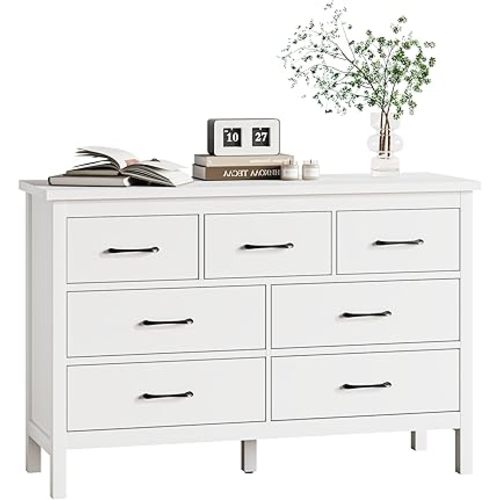 White Dresser for Bedroom with 7 Drawer,Wooden Double Dresser with Metal Handles, Wide Chest of Organizer Storage Drawers for Living Room, Hallway, Entryway