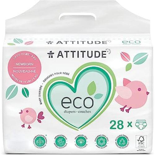 ATTITUDE Disposable Diapers for Sensitive Skin, Non-Toxic, Hypoallergenic, Chlorine-Free, Dye-Free & Lotion-Free Biodegradable Baby Diapers, Plain White (Unprinted), Size 0 (Up to 11 lbs), 28 Count