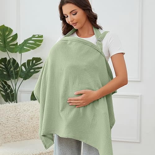 Muslin Nursing Cover for Baby Breastfeeding, Breathable 100% Cotton Breastfeeding Cover with Rigid Hoop for Mother Nursing Apron (Sage Green)