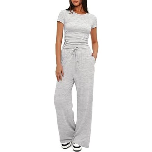 Darong Women's 2 Piece Outfits Lounge Sets Ruched Short Sleeve Tops High Waisted Wide Leg Pants Tracksuit Sets