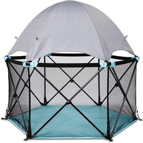 Summer Infant Pop ‘N Play Deluxe Ultimate Playard, Aqua Splash - Full Coverage Indoor/Outdoor Portable Play Pen with Fast, Easy and Compact Fold