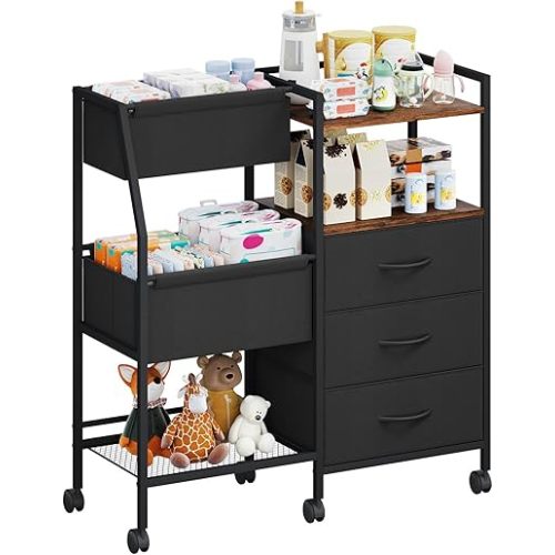 Somdot Baby Diaper Caddy Organizer Cart, 3 Tier Rolling Baby with Dividers and Drawers, Easy To Assemble, Large Capacity, Baby Essentials Organizer and Storage for Nursery, Bedroom, Black Rustic Brown