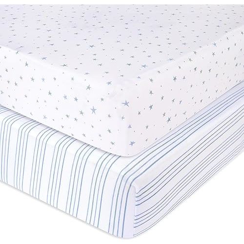 Ely’s & Co. Crib Sheets, Baby Boy Fitted Crib Mattress Sheet Set, 2 Pack, 100% Jersey Knit Cotton, Infant and Toddler Nursery Bedding, Blue Stars + Stripes Print, 28” x 52”
