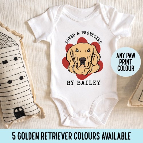 Golden Retriever Baby Bodysuit Personalised Dog Portrait Baby Grow Design Protected By Golden Retriever Baby Shower Gift Idea for Dog Owner