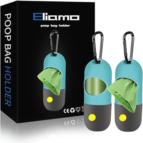 2 Pack Dog Poop Bag Dispenser with Built-in LED Flashlight, Pet Waste Bag Holder for Leash with Carabiner Clip for Lead Leash, 2 Rolls Leak-proof Doggy Waste Bags for Dog Walking, Blue,Eliamo