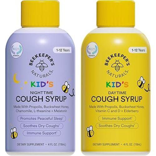 Beekeeper's Naturals Kids Honey Cough Syrup – Day & Night Value Pack – Immune Support with Elderberry, Vitamin C, D, Propolis & Raw Honey – Soothing, Clean Ingredients – Two Pack, 2 x 4 fl oz