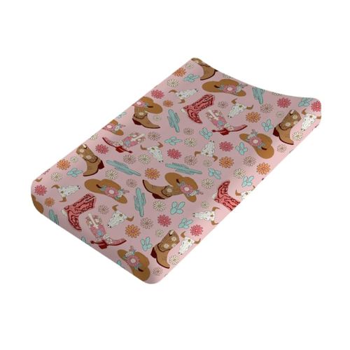 Boho Western Cowgirl Pink Baby Changing Pad Covers Cowgirl Hats Boots Skull Cactus Floral Diaper Changing Pad Table Sheets for Girls Soft Breathable Stretchy Nursery Change Table Mats 32''x16''