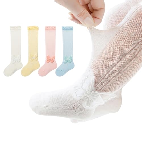 BEHELE Baby Toddler Girl Knee-hight Lace Socks Kids Thin Mesh Princess Mary Jane Dress Socks Tube Uniform Stockings 4 Pairs