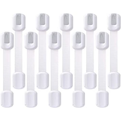 Child Safety Cabinet Locks - (10 Pack) Baby Proofing Latches to Drawer Door Fridge Oven Toilet Seat Kitchen Cupboard Appliance Trash Can with 3M Adhesive - Adjustable Strap No Drill No Tool
