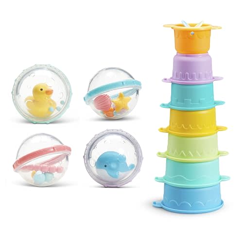 Munchkin Float and Play Bubbles and Connect-A-Cup Stacking, Linking and Straining Bath Cups for Babies and Toddlers