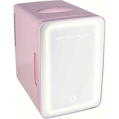 FRIGIDAIRE Mini Cooler, Portable Compact Personal LED Lighted Mirror Fridge, 6.5L Capacity Chills 9 Cans, 100% Freon-Free & Eco Friendly, for Makeup, Skincare, 12" D x 8" W x 12" H (Pink)