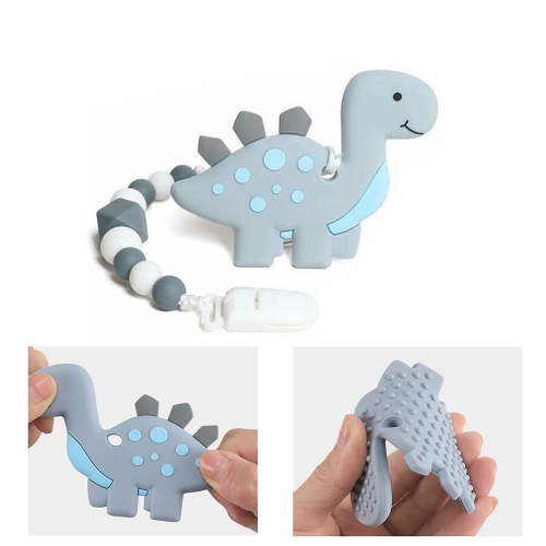 Chok Baby Teething Toys,Dinosaur Teether Pain Relief Toy with One Piece Design Silicone Pacifier Clip Holder Set for Newborn Babies, Freezer Safe Neutral Shower Gift for Boy and Girl(Grey)
