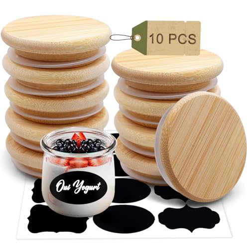 Oui Yogurt Jar Lids, Cymuber Leak Proof Wooden Lids Set with Silicone Sealing Rings, Reusable Natural Bamboo Canning Lids Covers with Bottle Label for 5 Oz Oui Yogurt Jars Storage (10 Pack)