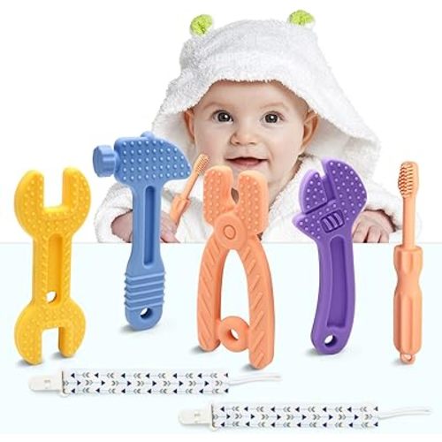 Baby Teething Toys,Teething Toys for 0-6 Months BPA Free Silicone Baby Toys Baby teethers Chew Toys,Teething Toys for Babies Soft Hammer Wrench Scissors Shape Gift