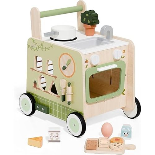 Green Baby Walker 6-in-1 Activity Center with Kitchen, Shape Sorter, Gears, Clock & Microwave - Ideal for Toddlers 12 Months+