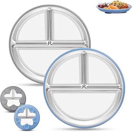 Stainless Steel Plates for Kids – 2 Pack Toddler Plates with Suction Base, Non-Slip Removable Silicone Sleeves, Unbreakable Dishwasher Safe Baby Plates for Baby Led Weaning, Blue & Gray