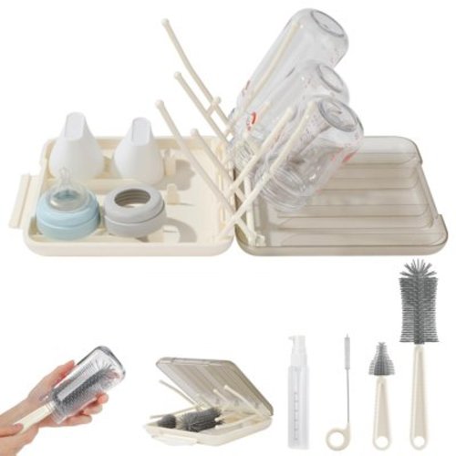 Bottle Brush Set - Baby Travel Essentials-6 in 1 Bottle Cleaning Set with Silicone Bottle Brush, Nipple Cleaning Brush, Straw Brush, Soap Dispenser, Organizer, Bottle Drying Stand