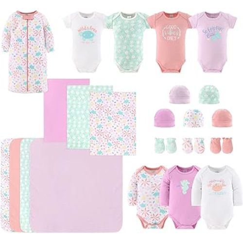 The Peanutshell Baby Layette Gift Set for Baby Girls - 23 Piece New Born Baby Girl Gift Set, Baby Clothes & Newborn Essentials Must Haves - Newborn Baby Girl Clothes 0-3 Months - Ocean Flower