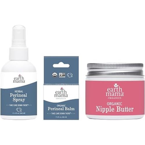 Earth Mama Postpartum Recovery Bundle - Organic Perineal Balm & Herbal Perineal Spray + Organic Nipple Butter 2oz - Lanolin-Free Nursing Cream - Take Care Down There Essentials for Breastfeeding