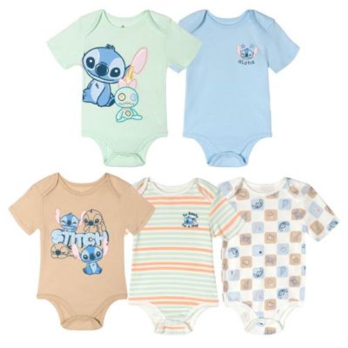 Disney Lilo & Stitch Newborn Baby Boys 5 Pack Bodysuits Beige / Green / Blue 3-6 Months