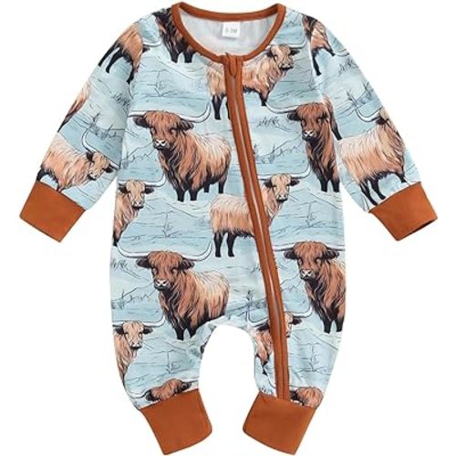 Baby Romper Newborn Clothes Long Sleeve Western Cow Print Zipper Jumpsuit Fall Winter Toddler Infant Bodysuit