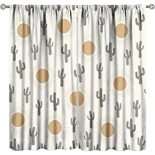 Western Cactus Curtain Boho Rustic Sun Cactus Pattern Blackout Print Rod Pocket Window Drapes for Bedroom Living Room 52x84in