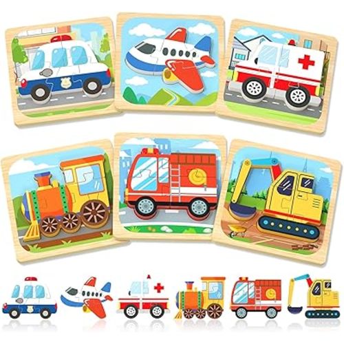 Benresive Wooden Toddler Puzzles, Montessori Toys for 1 2 3 Year Old Boys, Toys for 1 2 3 Year Old Boy Birthday Gifts, 6 Pack Vehicle Toddler Learning Educational Puzzles