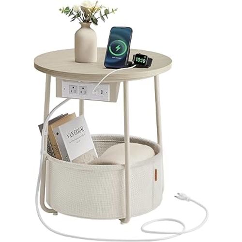 VASAGLE LILEA Collection - Side Table with Charging Station, Round End Table with Fabric Basket, Nightstand with USB Ports, for Living Room, Bedroom, Modern, Cream White ULET228N01