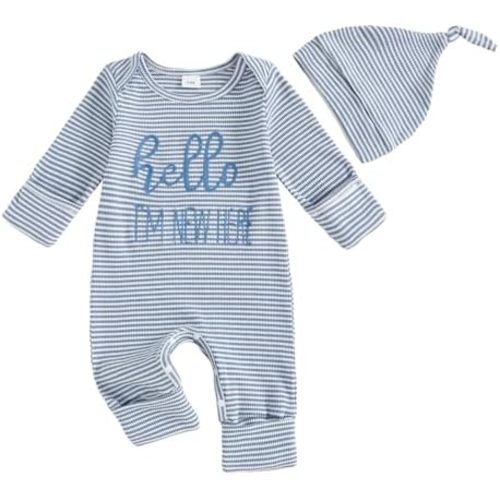 Fernvia Newborn Baby Boy Clothes Letters Print Bodysuit 3 6 9 12 18 Months Long Sleeve Jumpsuit with Hat 2PCS Outfits Set