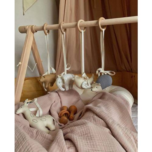 Set with 4 gym toys for wooden mobile, Handmade Natural Wood Play Gym for Babies, gift for newborn, linen animals