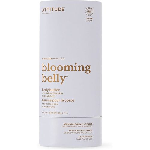 ATTITUDE Plastic-Free Body Butter Bar for Pregnant Dry and Stretched Skin, EWG Verified, Vegan and Cruelty-free Maternity Products, Pink Argan, 3 Ounces