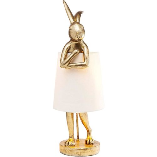 Cute Rabbit Animal Table Lamp, Creative Gold Resin Apron LED Desk Light,White Linen Shade,15.7", Home Decor Eye Protection Lamp Office Study Bedside Lamp (15.7" White Shade)