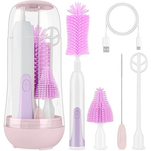 Electric Baby Bottle Brush Cleaner Rechargeable, Travel Baby Bottle Brush Electric with Automatic Bottle Cleaner Brush, Silicone Bottle/Nipple Brush, Straw Brush, Milk Frother, Drying Rack (Pink)