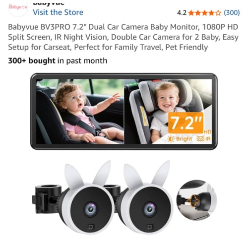 Babyvue BV3PRO 7.2" Dual Car Camera Baby Monitor, 1080P HD Split Screen, IR Night Vision, Double Car Camera for 2 Baby, Easy Setup for Carseat, Perfect for Family Travel, Pet Friendly