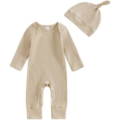 Murnouche Newborn Baby Boy Clothes Coming Home Outfit Solid Ribbed Romper with Hat Bodysuit Jumpsuit