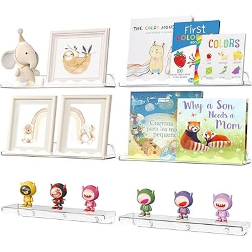 Lifewit Clear Floating Shelves for Wall 6 Pack, 15"x3.4" Acrylic Cloud Shelf Room Decor, Nursery Bookshelf for Kids Toddler Baby Room Storage and Organization