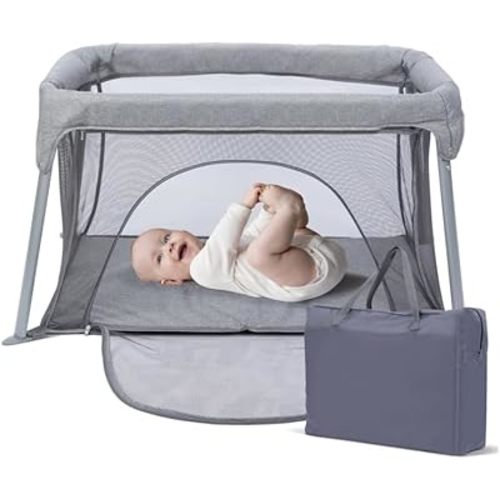 Lightweight Travel Crib - Portable Baby Playard,Foldable Play Yard with Zipper Door, No Tools Setup, Compact for On-The-Go