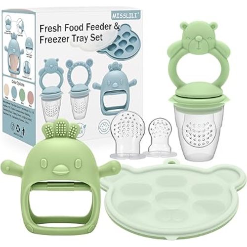 3 Pack Silicone Teething Mitten for Babies with Baby Fruit Food Feeder & Freezer Tray Set, BPA Free Infant Teething Relief Toy for 3 Month+, Additional Silicone Sacs - Bear Green