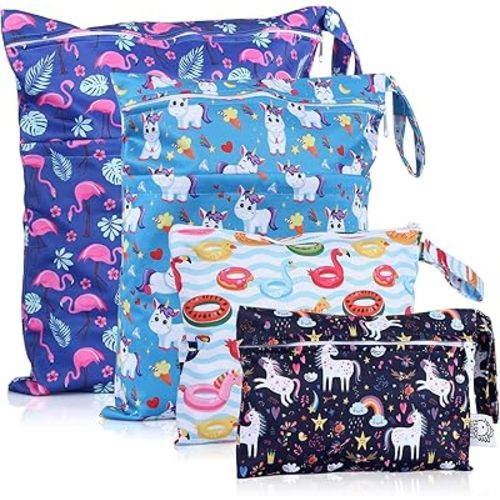 Waterproof and Reusable Wet Bag Diaper Stroller Water Resistant Swimsuit Travel Toiletries Yoga Gym Washable Carrier Small Medium Large Flamingo 4 Pack