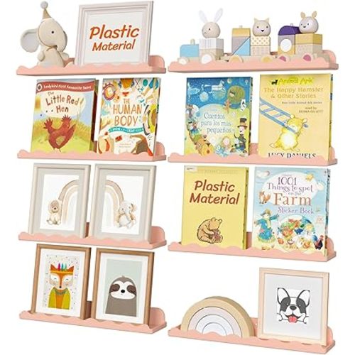 Lifewit Plastic Nursery Floating Book Shelves 8 Pack, 15"x3.4" Pink Clouds Plastic Wall Shelf for Bedroom Kids, Hanging Bookshelf Racks for Baby Toddler Children Room Decor