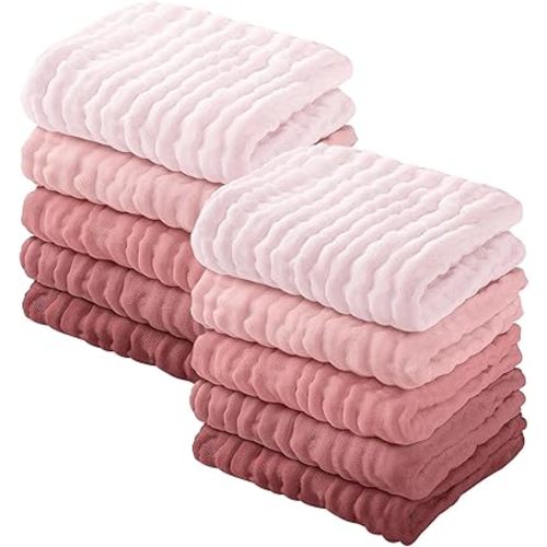 Yoofoss Muslin Baby Washcloths 100% Cotton Face Towels 10 Pack Wash Cloths for Baby 12x12in Soft and Absorbent Baby Wipes (Gradient Pink)