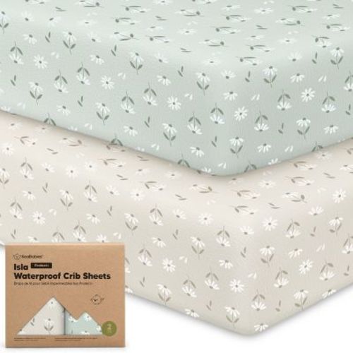 KeaBabies 2pk Isla Waterproof Crib Sheets for Boys, Girls, 52x28 Baby Fitted Crib Sheet, Waterproof Crib Mattress Protector Sheets (Daisies)