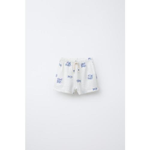 TEXTURED SHORTS WITH EMBROIDERED FISH - Ecru / Blue | ZARA United States