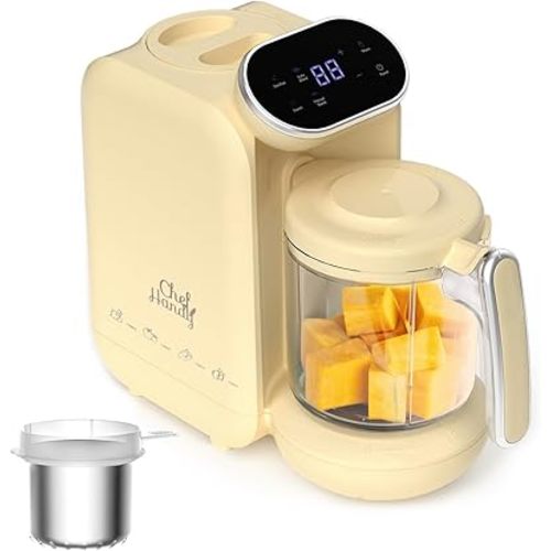 Chefhandy Baby Food Maker, 5 in 1 Baby Food Processor with Stainless Steel Steaming Basket, Baby Puree Maker with Steamer, Blender,Bottle Warmer Function,Auto Cooking & Grinding,Touchscreen (Yellow)