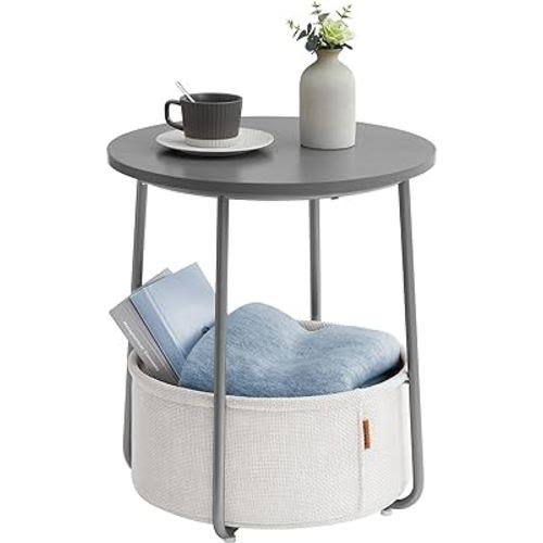 VASAGLE End Table, Small Bedside Table with Fabric Basket, Modern Nightstand, Round Side Table, for Living Room, Bedroom, Cement Gray and Cream White ULET223G49