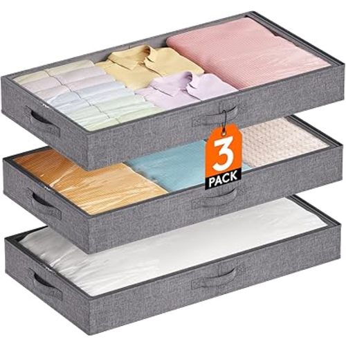 Lifewit Under Bed Storage Containers, 4.3 Inches Tall Low Profile Underbed Storage, Foldable Clothes Storage Bags Organizer Bin with Lids, Ultra Thick Fabric for Blankets Pillows Shoes, Large, 3 Pack